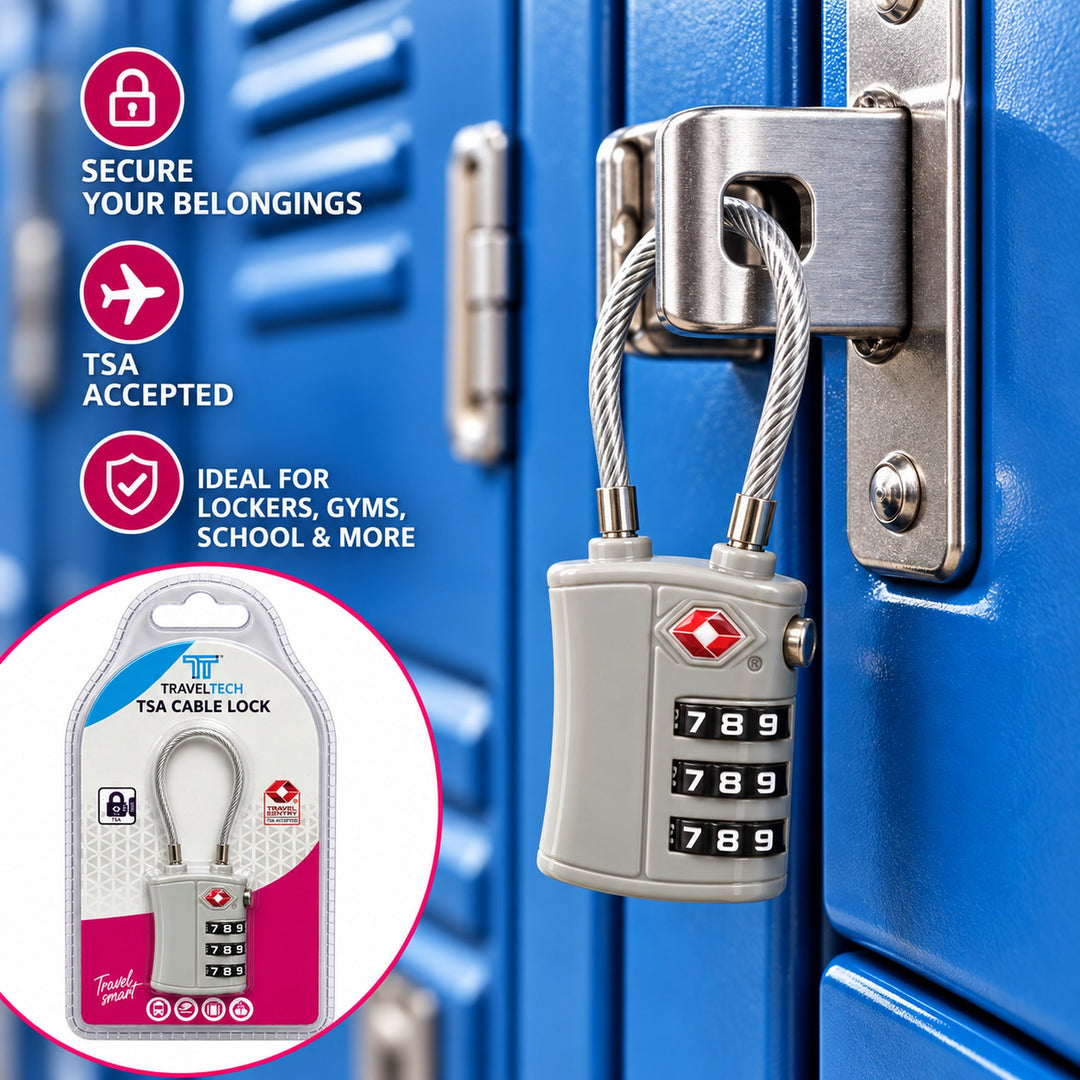 Grey cable lock used with locker – illustrative