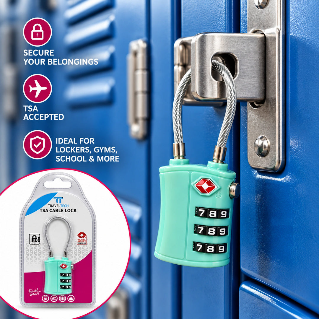 Teal cable lock used with locker – illustrative