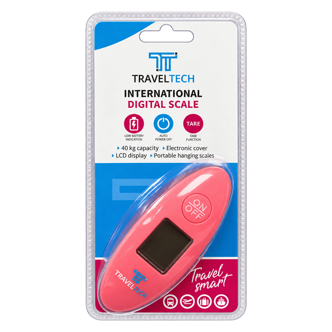 TravelTech pink digital luggage scale in its original packaging on a white background