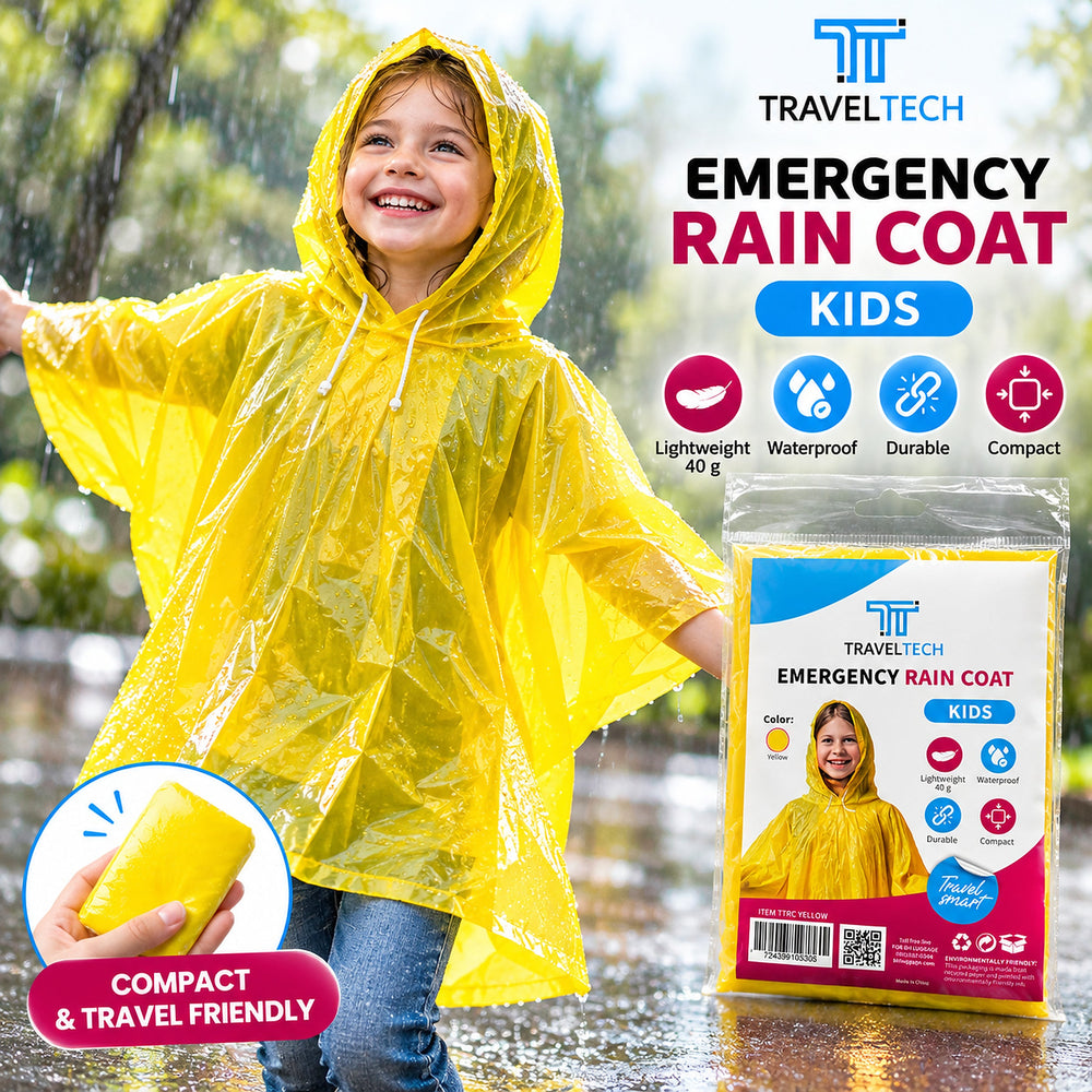 TravelTech kids yellow emergency rain poncho – lifestyle illustration