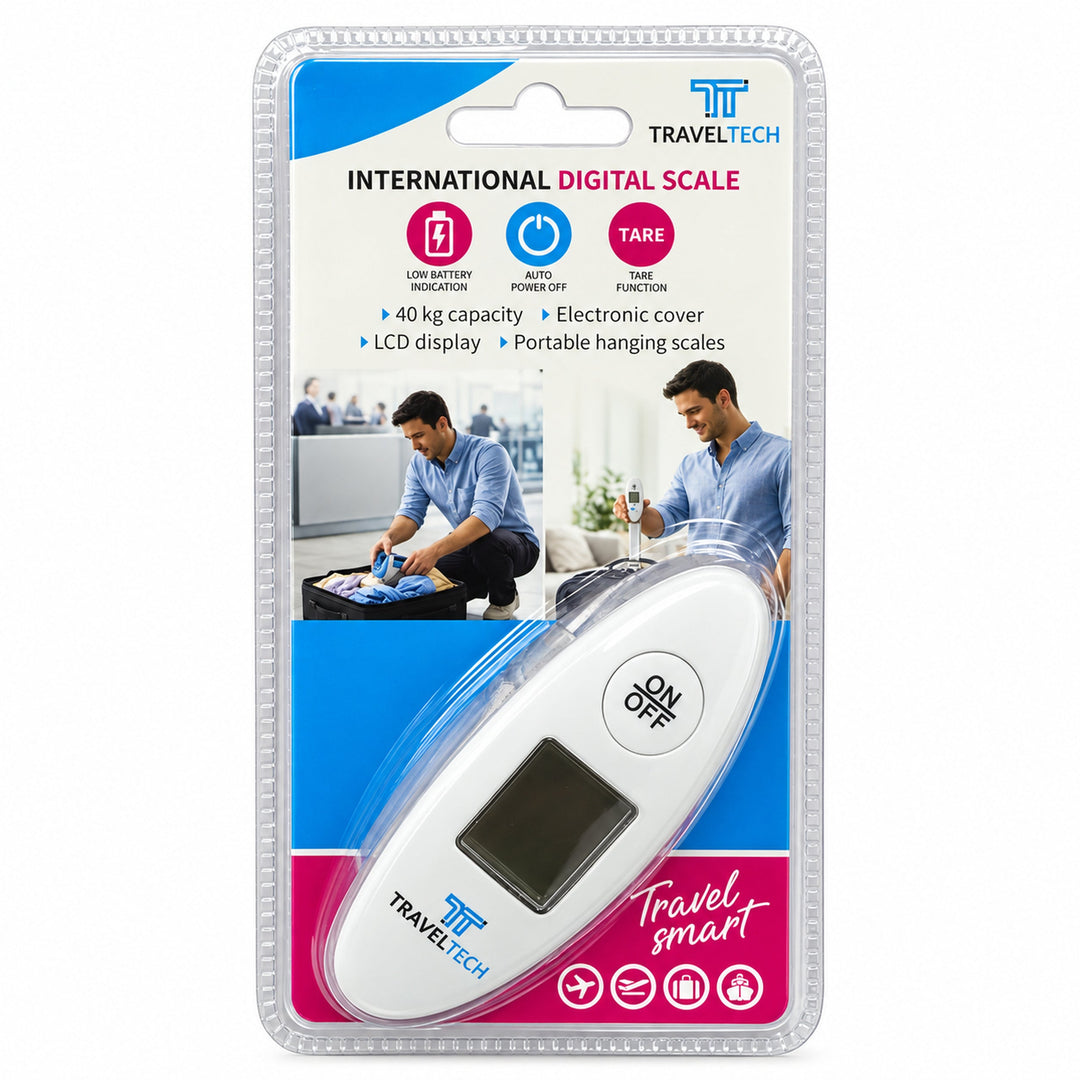 TravelTech white digital luggage scale clean package illustration