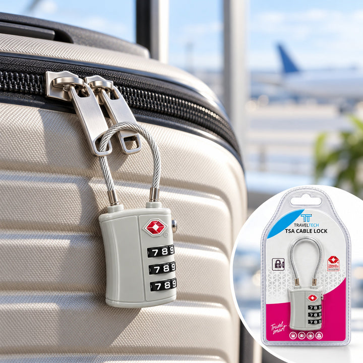 Grey cable lock used with luggage – illustrative