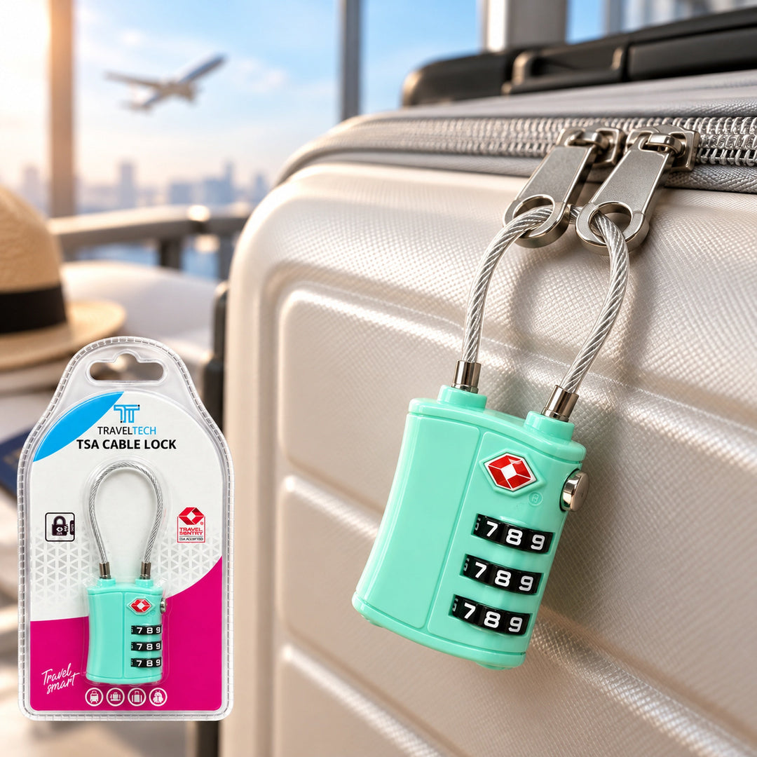 Teal cable lock used with luggage – illustrative
