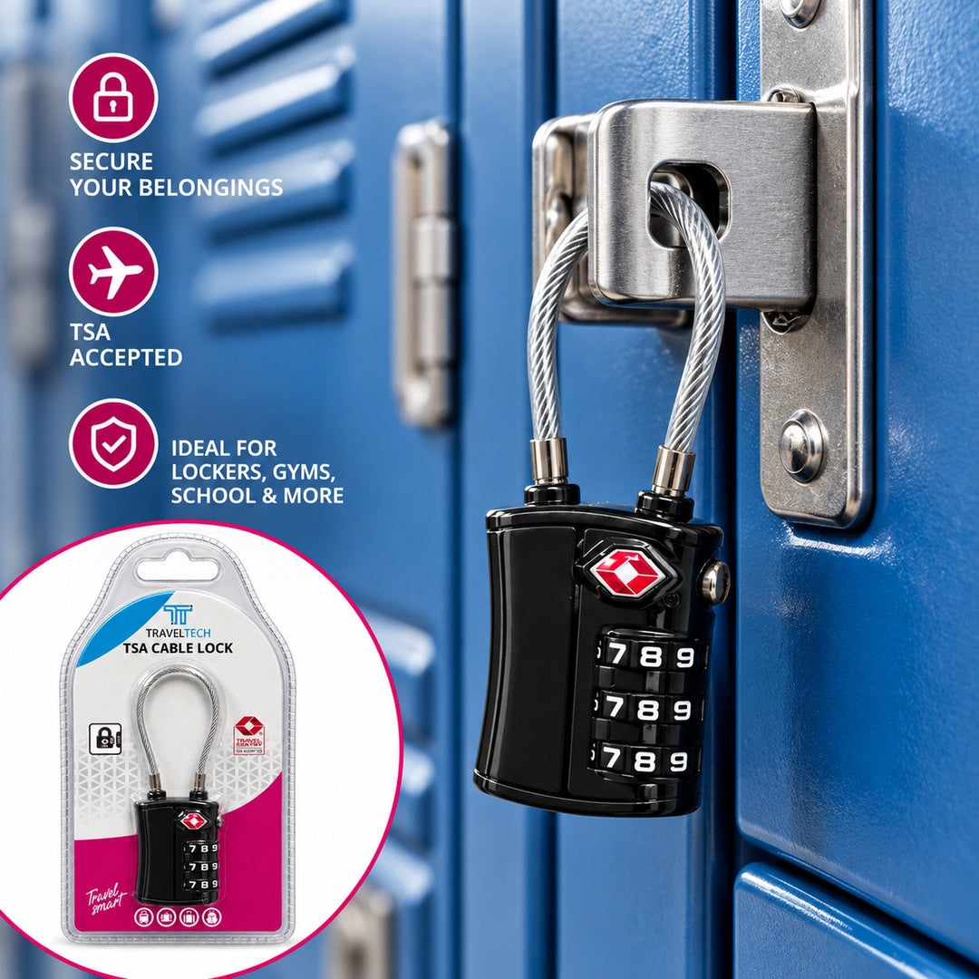 Black cable lock used with locker – illustrative