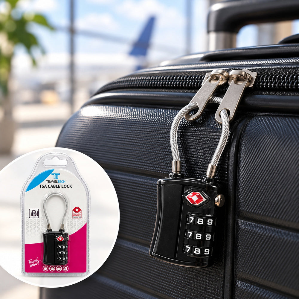 Black cable lock used with luggage – illustrative